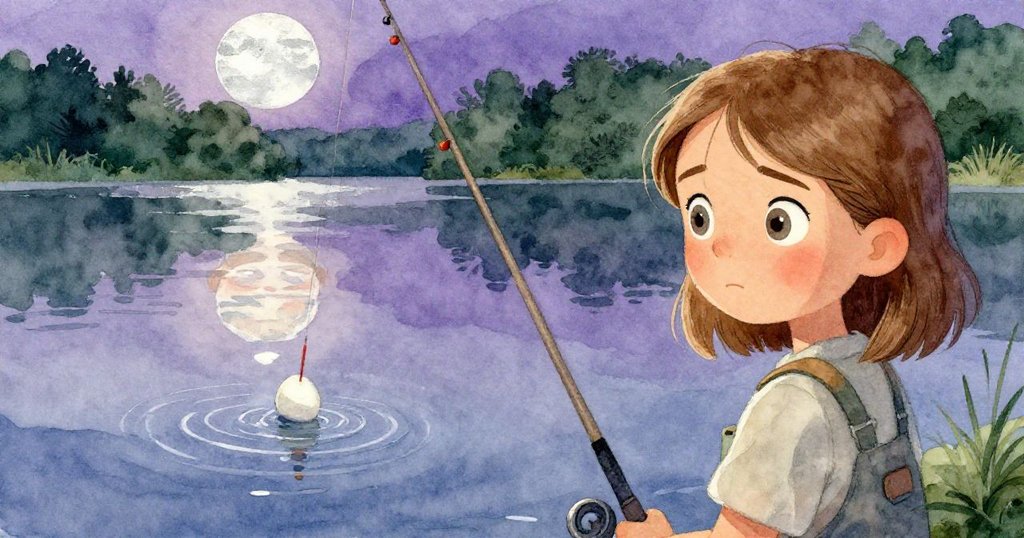 Olive專注地凝視水面上停住的浮標，她的臉龐映在微光閃爍的水中，充滿期待與決心。