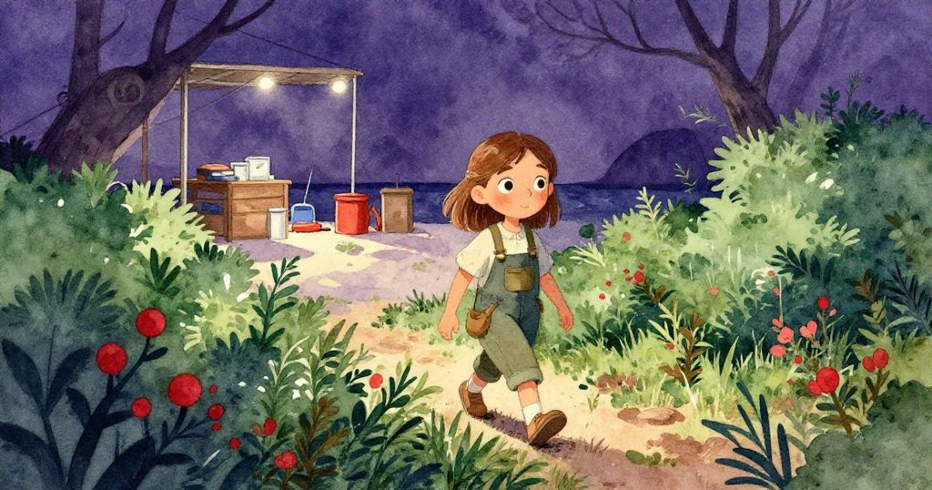 Olive跨向岸邊裝備區，穿過低矮的灌木和輕輕搖曳的葉子，展現釣魚過程中的戶外轉換。