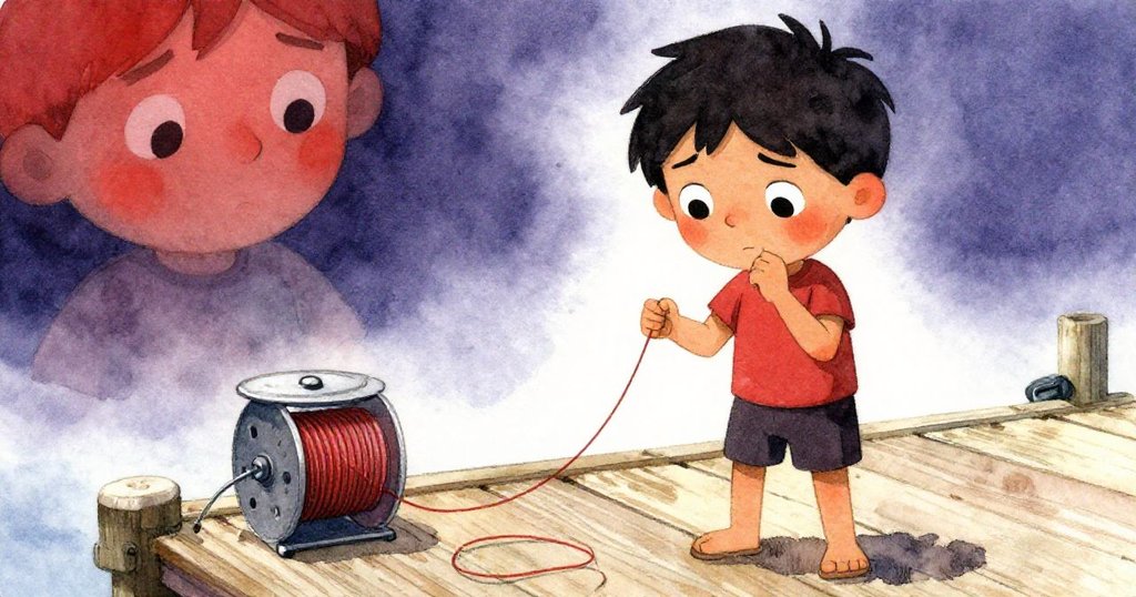 Wade面露苦惱地對著纏繞的卷軸忙著解結，聚焦他手部和內心掙扎的瞬間，充滿困惑與努力。