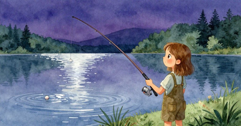 Olive靜靜站在夕陽餘暉下的湖邊，注視著輕輕搖曳的浮標，整個碼頭呈現出一派寧靜平和的結局。