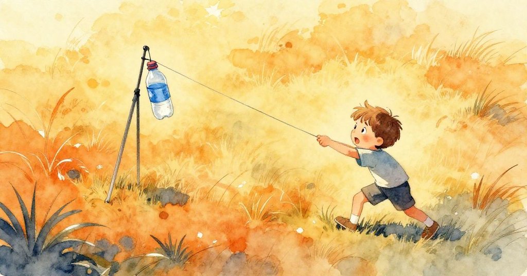 Wade用力推動掛著的瓶子，草地上有三腳架和紙張，充滿好奇與堅定的神情，鳥瞰景觀開展故事序幕。