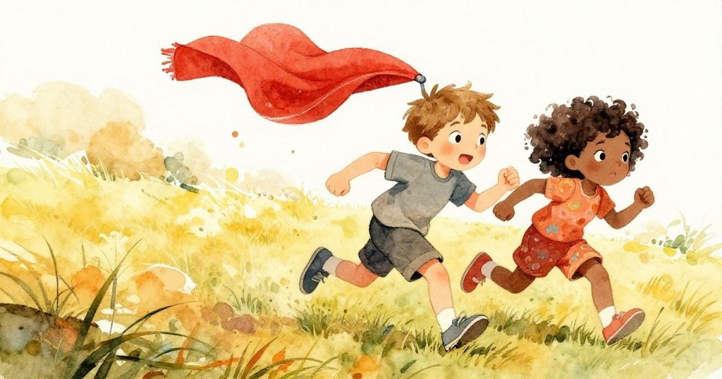 Wade和Joy在綠茵草地上追逐飛揚的毛巾，三腳架的腿傾斜陷入軟土，畫面充滿急切與歡樂活力。