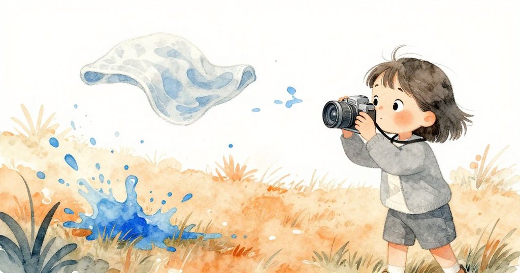 Fleur手持相機在一空曠草地旁，捕捉飛揚毛巾與流動油漆，神情充滿好奇，記錄故事發展過程。