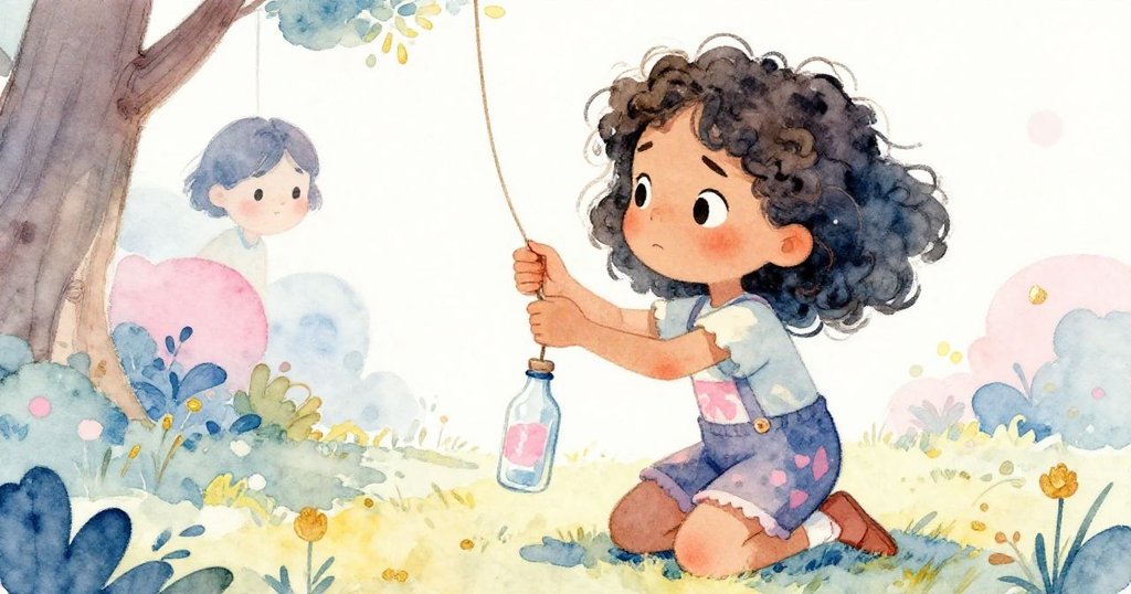 Joy跪下專注調整繩子，表情堅毅且專注，藍色油漆與周圍景物襯出活潑戶外氛圍，情節達到高潮。