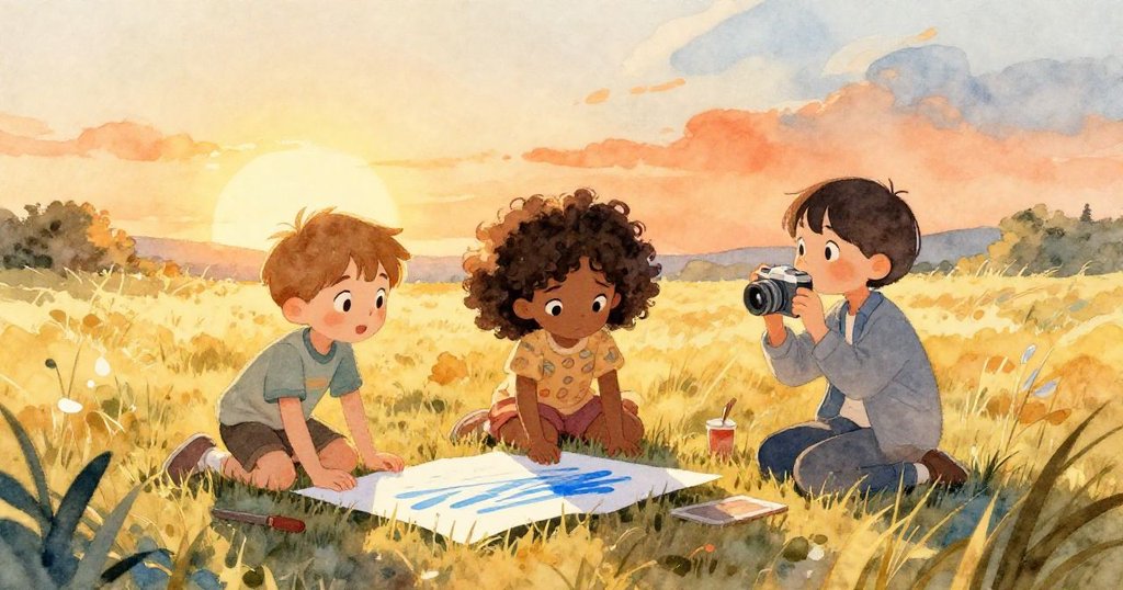 日落時分，Wade、Joy、Fleur圍繞著藍色畫有細流的紙張欣賞創作，溫暖金光灑落，氛圍寧靜而滿足。