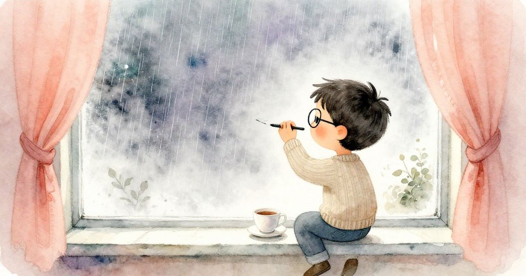 約克在霧蒙蒙的窗邊用手指劃出港灣線條，旁邊放著暖茶杯，雨水映出室內情感，故事開始展開。