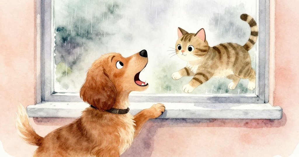 家犬格蘭特快樂地吠叫，家貓莉娜在窗台上躍起，室內與窗外雨景交織，情節充滿活力。
