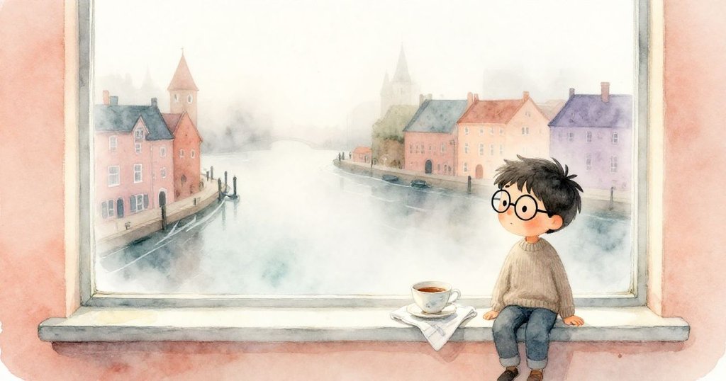 窗上畫的港灣線條突然扭曲分裂，濕布與茶杯共同營造出奇幻超現實感，故事進入高潮。