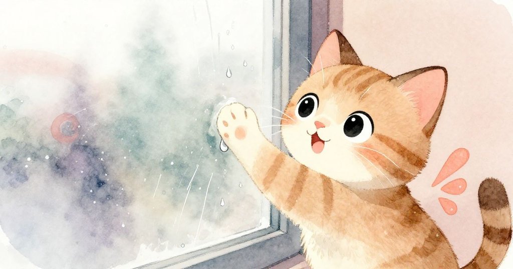 莉娜的濕爪正按在窗玻璃上，隨著水滴迅速下滑與畫線交融，定格了充滿緊張的一刻，情緒升華。