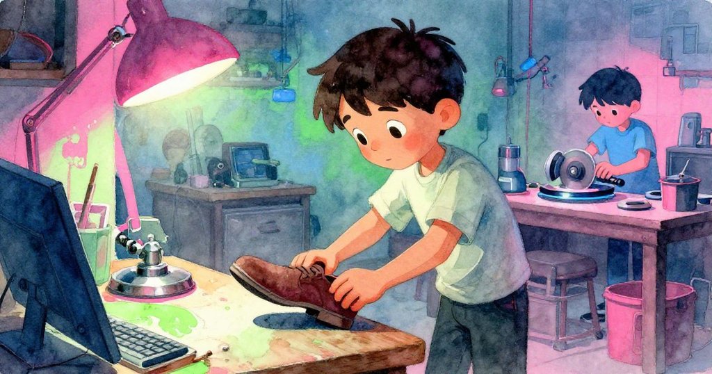 奧斯卡在溫暖燈光下推動鞋子，背景中伊拉操作拋光機，工作間充滿戲劇性光影，表情專注。