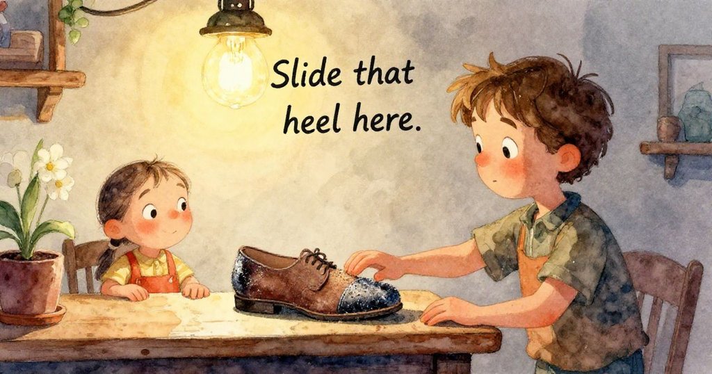 奧斯卡的手指仔細檢查著布滿塵土的鞋跟，工具散落在工作台上，質感細膩，動作專注。