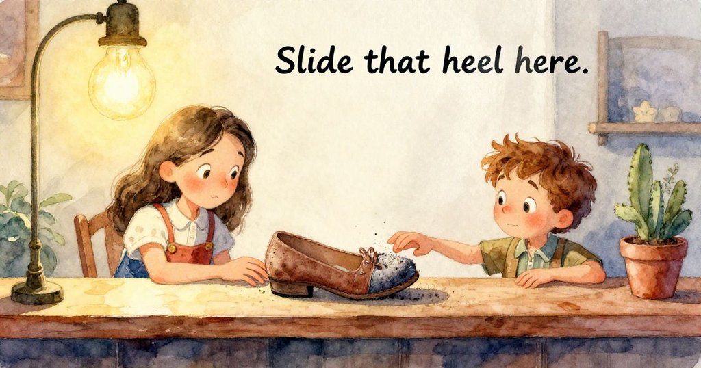 奧斯卡凝視新塗膠水的鞋跟，鏡面反射中露出堅定神情，工作台細節豐富，氛圍專注。