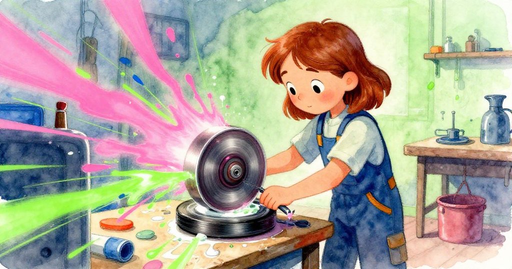 伊拉輕觸拋光機觸發了工作台上膠水不均擴散，動態模糊中流露出忙碌場景，氣氛緊張。