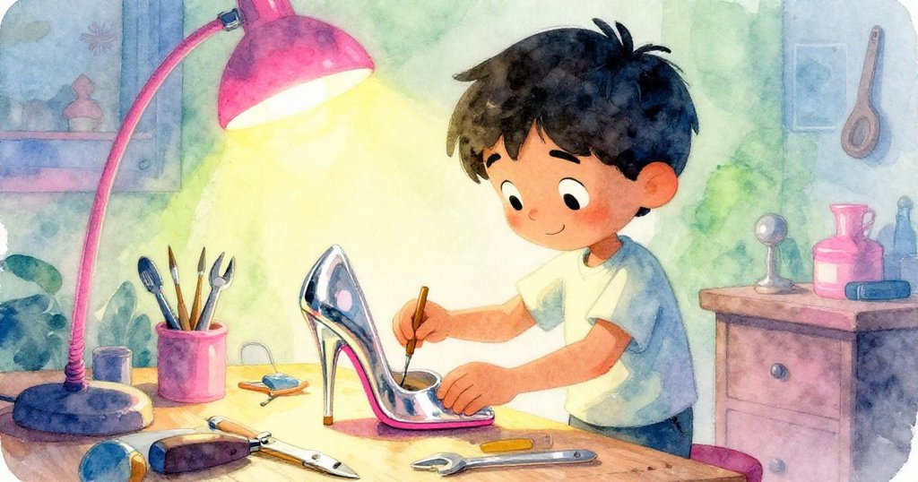 奧斯卡重新組裝鞋跟成功後表露出寧靜微笑，工具整齊放置，工作間柔和光線中洋溢著安心與滿足感。