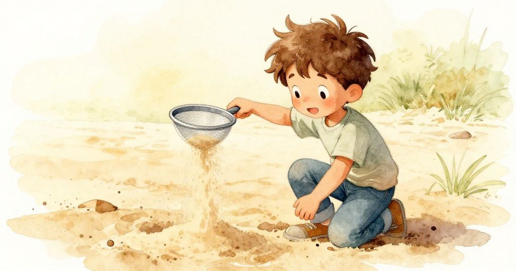 山姆在傾斜畫面中專注用篩子舀沙,金色晨光灑落沙坑,沙粒飛舞,情緒堅定展現創作初期情景。