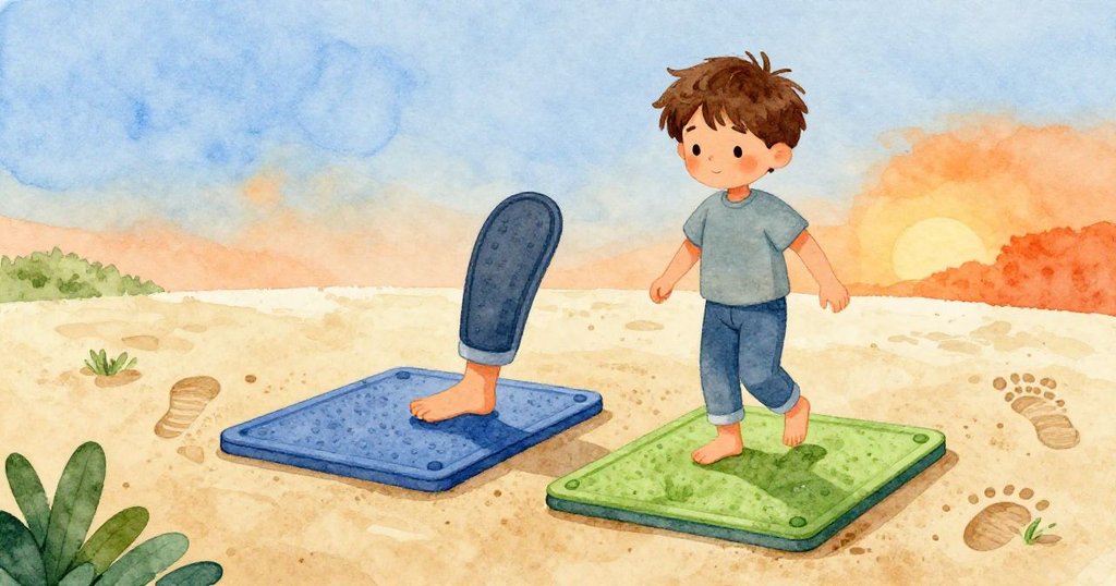 山姆的小腳在彩色地墊上踏出清晰足跡,走向沙坑僻靜角落,展現動感與探索心情。