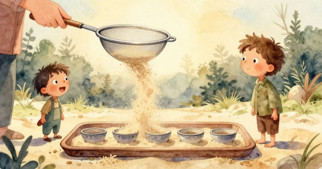 山姆眼中呈現手握篩子,看見整齊凹槽與皮包上繡鷹圖案,細節溫馨透露淡香記憶。