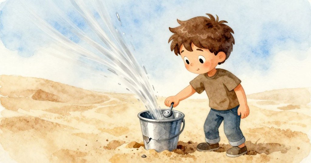 山姆彎腰按下破舊水桶按鈕,金屬水流飛濺,微風帶來沙、橡膠及花香,氛圍生動。