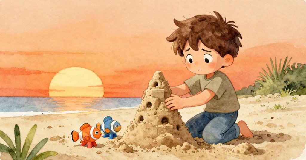 山姆眉頭微蹙,專注重整搖搖欲墜的沙塔,內心矛盾流露,夕陽餘暉下場景細膩動人。