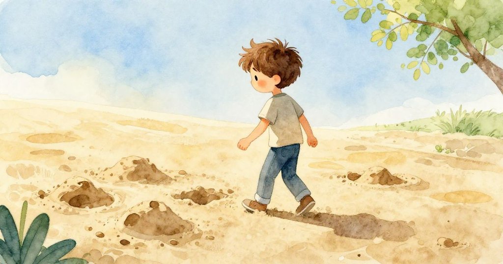 山姆帶著淡淡微笑離開堅實沙紋,沙坑夕照溫柔,微風輕拂場景,訴說創作完成告別感。