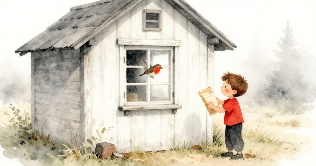 Reese輕觸濕紙包,木棚內晨霧彌漫,窗外知更鳥掠過,表情專注期待。