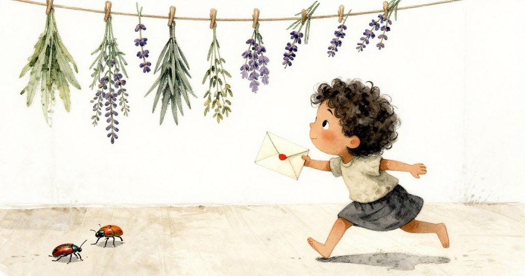 Zinnia手持懷疑信封,紫羅蘭枝搖曳,彩光甲蟲滑出,角度扭曲,展現奇妙視角。