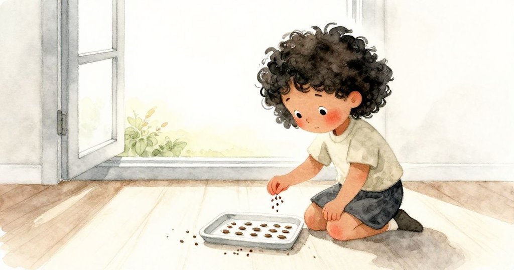 Zinnia跪收散落種子,整理成整齊行列,木棚昏影中透出新希望與未來之路。