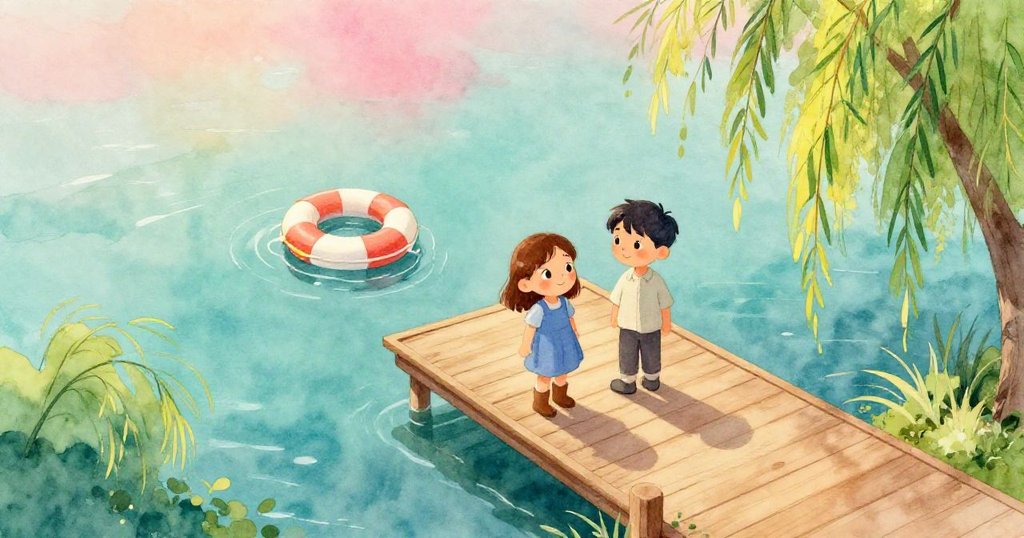 Viola與Rafael遠處出現,船塢、柳樹及浮標構成溫暖寧靜戶外場景,展現冒險開始。