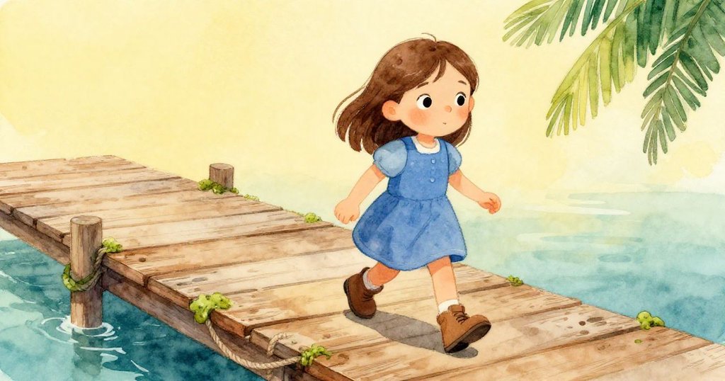 Viola踏著舊木板前行,穿著靴子,感受繩索和藻類觸碰,臉上流露探索冒險心情。