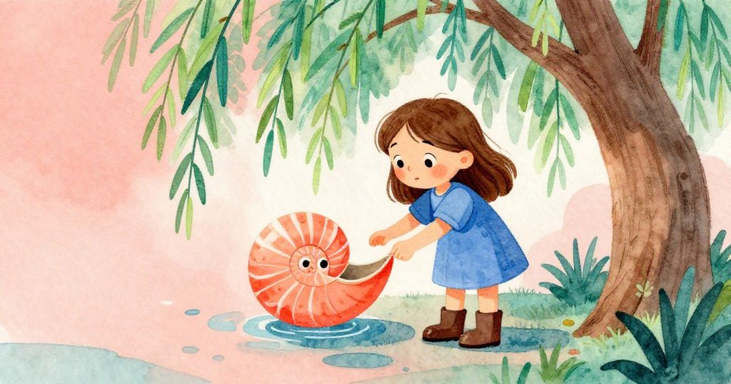 Viola在柳樹蔭下靠近鮮亮浮標,細看雕刻卷狀誘餌,表情充滿期待與好奇,層次感豐富。