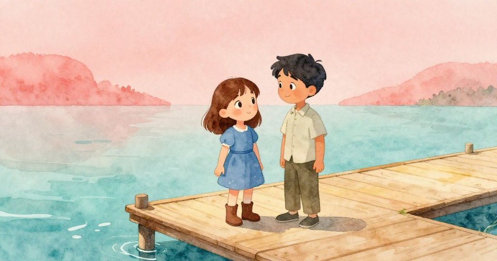 Viola與Rafael於木塢邊輕鬆站立,見證靜默浮標安然垂掛,臉上滿是放心與快慰笑容,水波輕拍木柱。