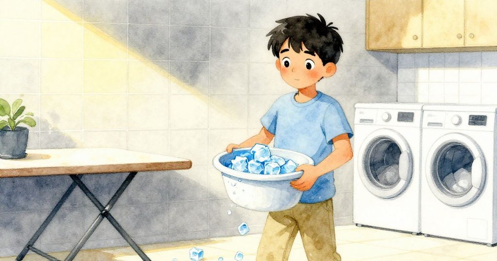 韋德在洗衣房中提著盆子、凍包與冰塊，充滿動感，背景有旋轉洗衣機與冷峻瓷磚，表情專注。