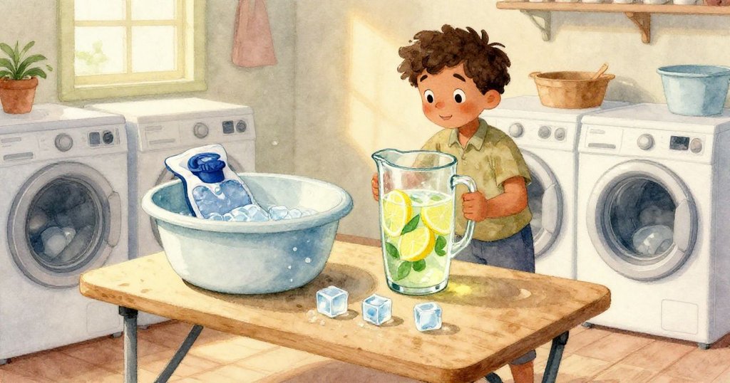 韋德注視著盆中水流淌過冰塊，冰面細裂，檸檬水瓶靜放其中，細節豐富展現轉變。