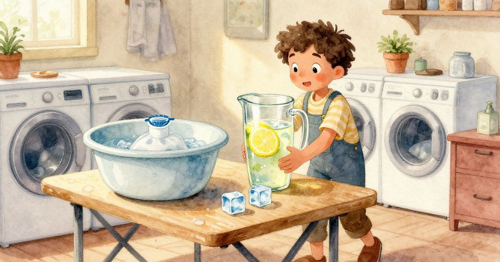 洗衣房內桌面滴水凝結成霧，隨著時間緩緩移向烘乾機，氛圍神秘柔和，充滿變化。