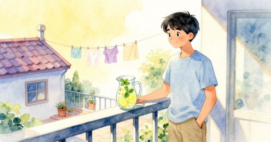 韋德站在陽台上，手持檸檬水瓶並以薄荷裝點，遠眺內庭與屋頂衣單，場景溫馨寧靜，結局美好。