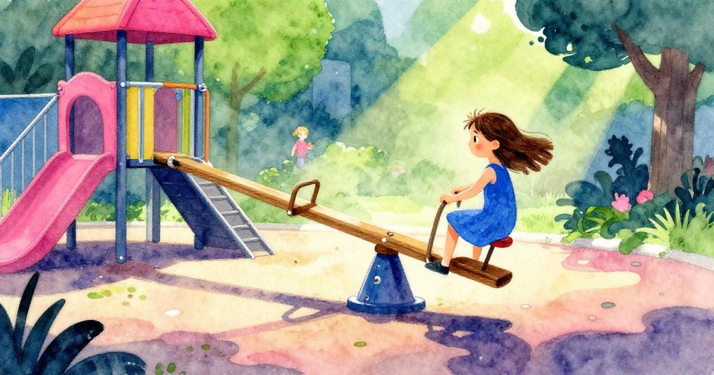 莎拉在遊樂場的翹翹板上急速移動手臂,亮麗日光下留出長長剪影,表情緊張,背景有沙子和木板。