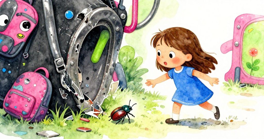 莎拉注意到一隻細小甲蟲與被時間磨損的碎石在木板上交錯對比,手正輕觸背包,臉上露出驚喜。