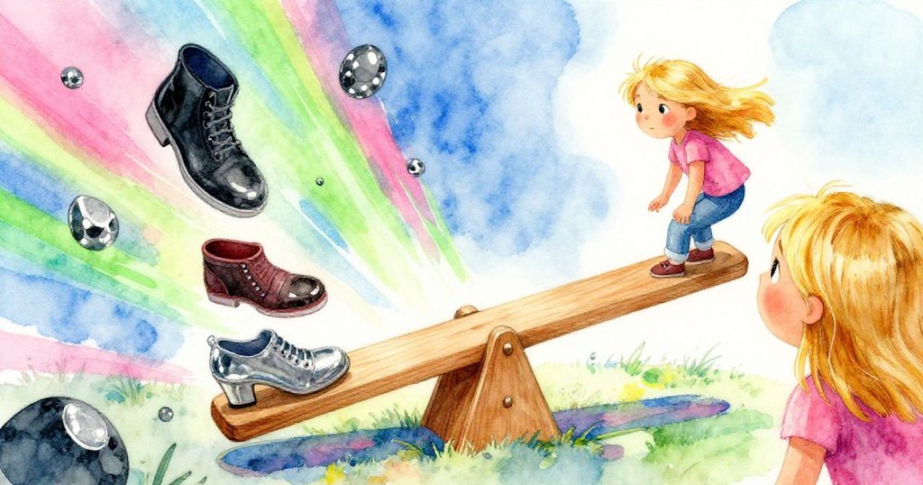 伊芙從近距離視角看著自己懸空的鞋子和亮光映照下的石塊,神情專注,遊樂場中氣氛緊張。