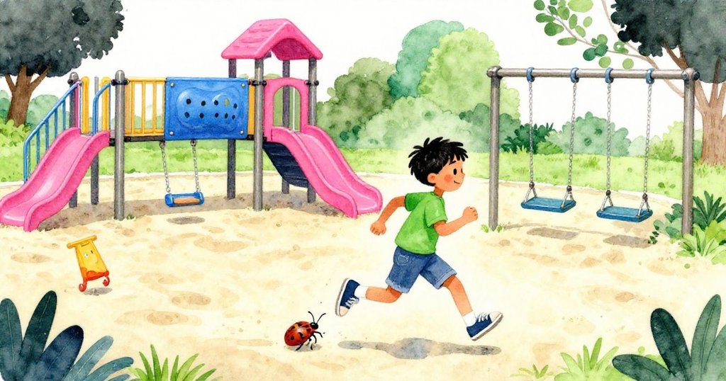 羅南在遊樂場奔跑,陽光映照下,他側身避開踩向一隻快速爬行的甲蟲,背景有沙坑與盪鞦韆。