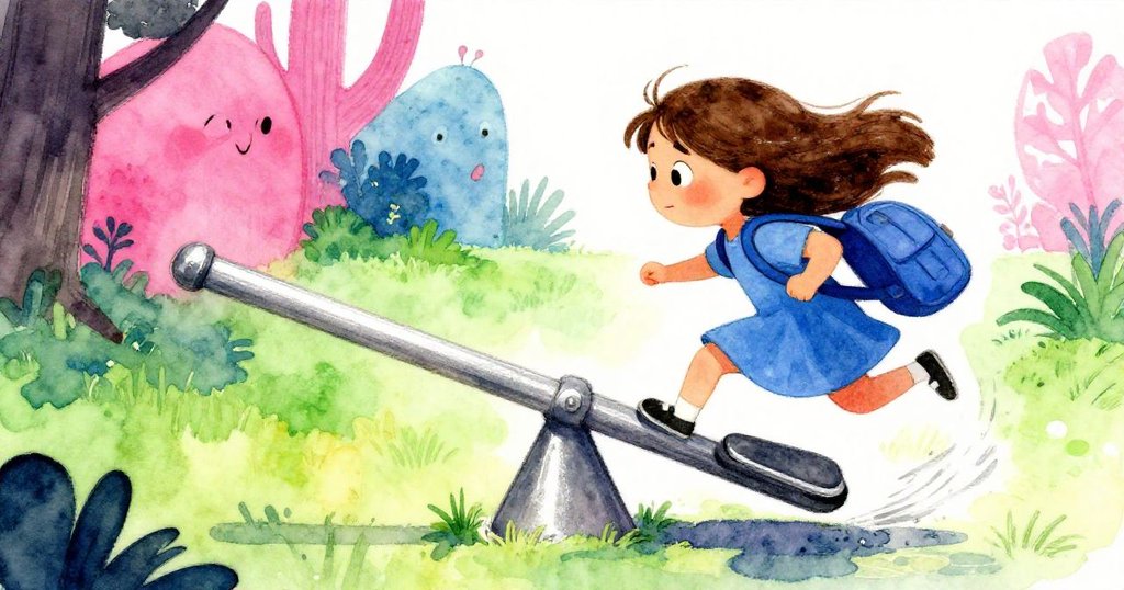 莎拉緊張地調整背包移動,試著平衡搖晃的翹翹板,臉上露出堅定與專注的神情,背景有明亮光線。