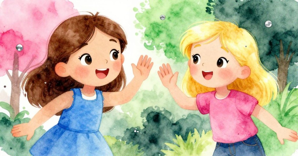 莎拉與伊芙在明亮遊樂場上互相微笑告別,臉上露出愉悅神情,溫暖光線為背景增加柔和氣氛。