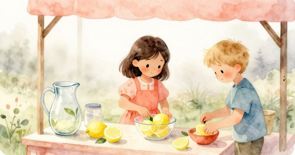 斯特拉與卡爾在晨霧中忙碌於戶外準備站，玻璃瓶凝珠，檸檬散發清新香氣，場景寧靜而溫暖