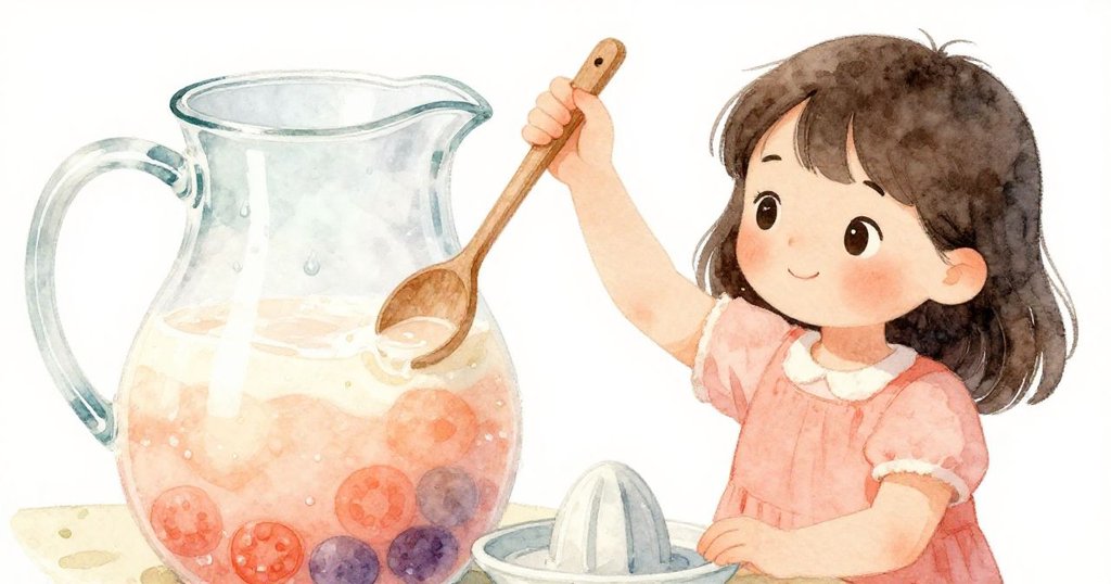 斯特拉專注觀察玻璃瓶中層次分明的果汁，用木勺輕輕攪拌，畫面細膩呈現豐富質感