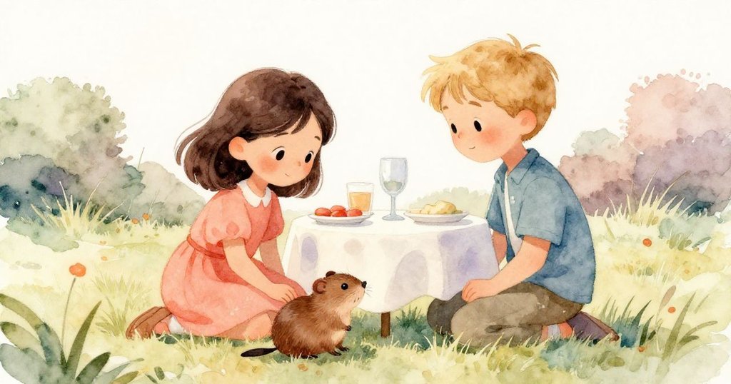 卡爾溫柔引導一隻小田鼠，斯特拉站在路縫旁守護，背景為自然陽光下的草地與樹籬，充滿關愛