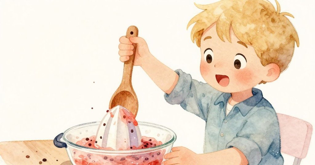 卡爾專注按壓果汁機勺子，果肉與籽形成黏稠環狀細節清晰，臉上流露出專注與釋放的情緒