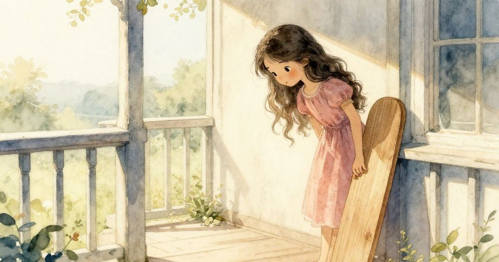 Iris 在陽光下操作木板，剪影映襯溫暖門廊，臉上帶著專注與溫柔情感，故事開始展開。