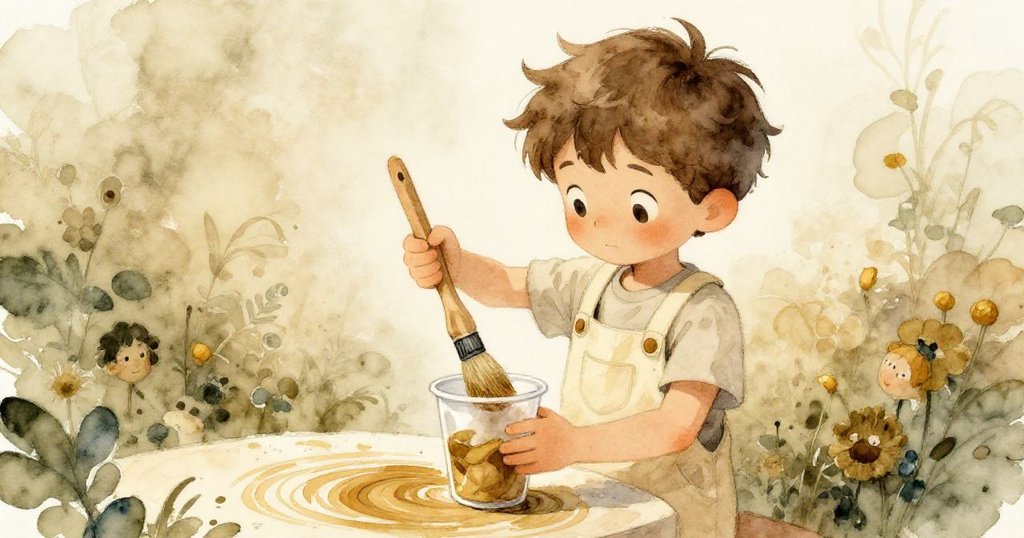 Otto 在杯中旋轉毛刷，杯內色彩交融散發象徵意味，呈現故事轉變的細膩場面。