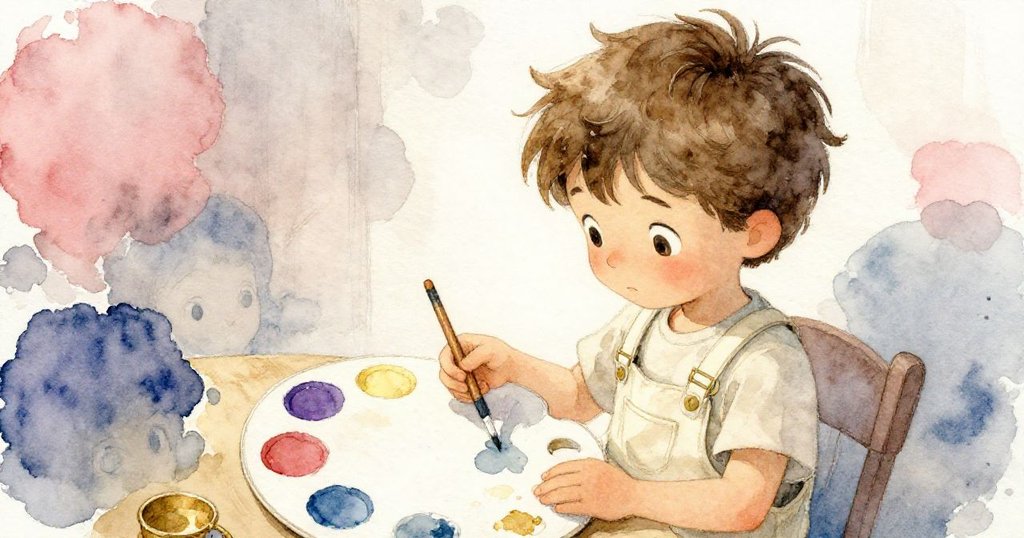 從高處俯瞰 Otto 注視著調色盤上漸乾的色彩，充滿挑戰與認真，展現故事發展中細緻情感。