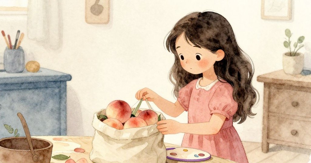 Iris 在溫暖創意室中輕觸裝有桃子的購物袋與調色盤，展現日常生活與藝術融合的溫馨瞬間。