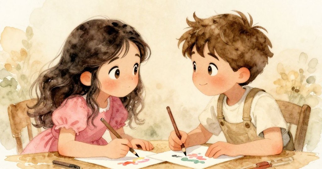 Otto 與 Iris 互望，眼中閃爍希望與堅定，共同創作流暢發光的畫面，呈現默契合作情感。